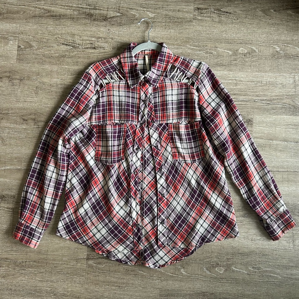 Free People Flannel Shirt with Lace Shoulder Detail Flowy Linen Like Top